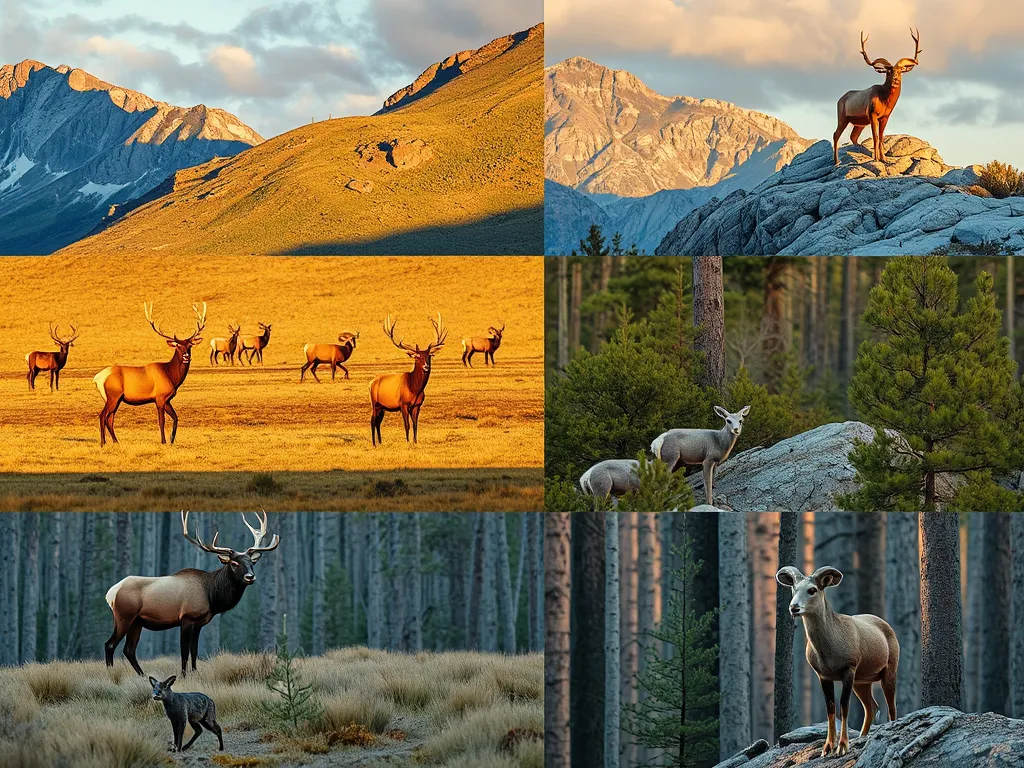 Rocky Mountain National Park wildlife across different habitat zones showing elk in meadows, bighorn sheep on rocky slopes, and pine martens in forests