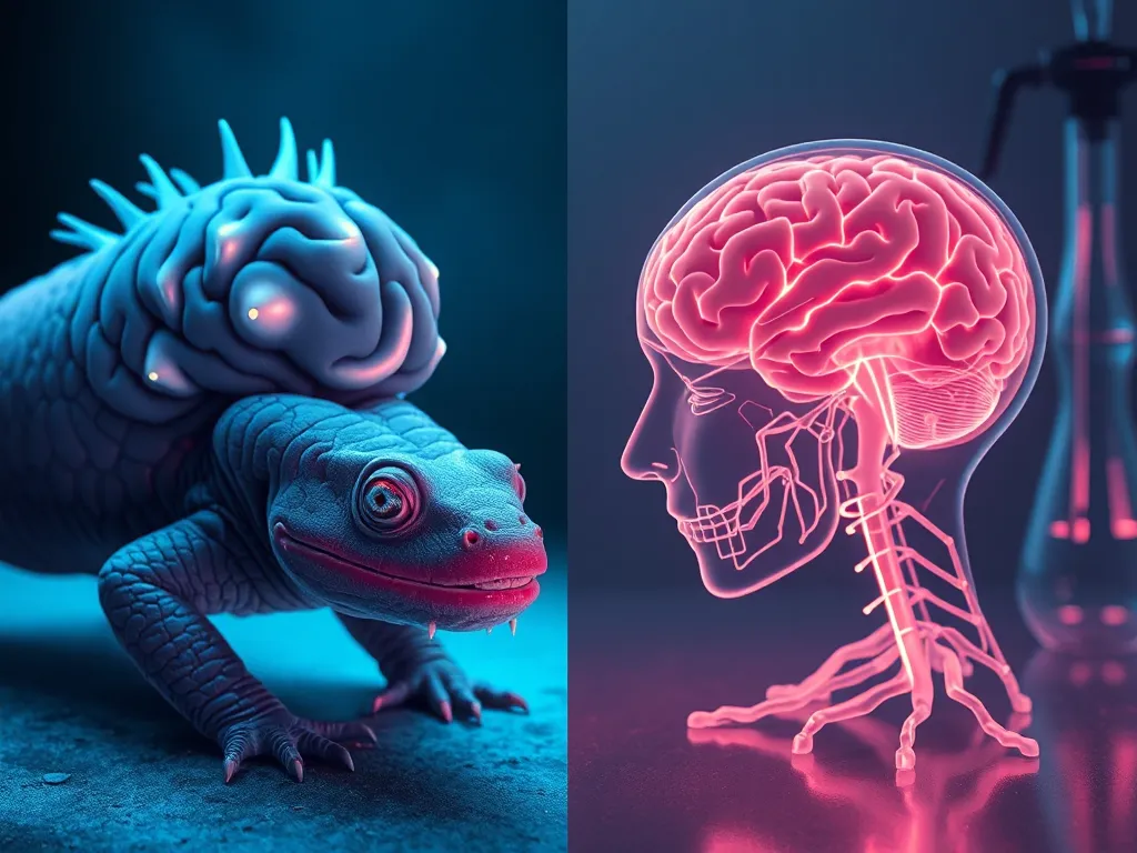 Scientific illustration comparing axolotl brain regeneration capabilities with human brain limitations in research setting Scientific illustration comparing axolotl brain regeneration capabilities with human brain limitations in research setting