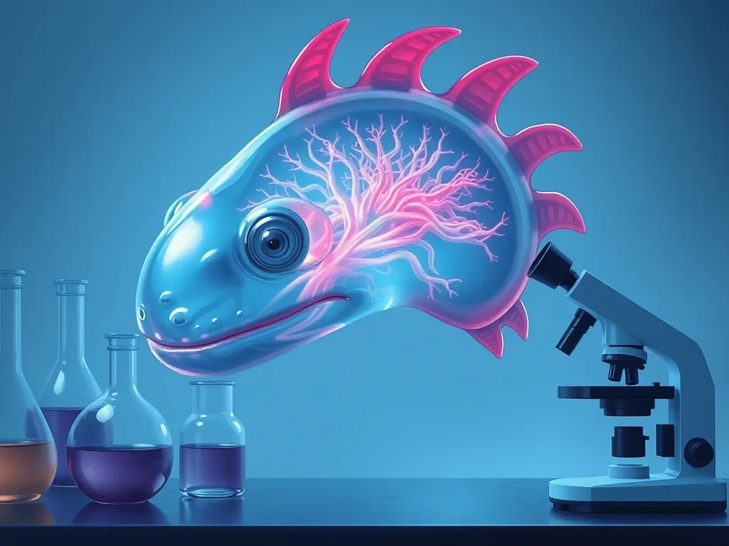 Scientific illustration of axolotl brain regeneration process in laboratory setting, why axolotls can regrow their own brain Scientific illustration of axolotl brain regeneration process in laboratory setting, why axolotls can regrow their own brain