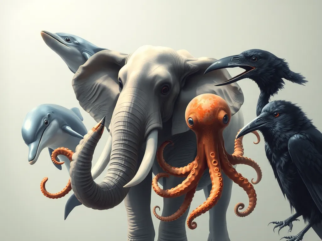 Scientific illustration of dolphin, elephant, octopus, and crow showcasing intelligence, exploring what is the most intelligent animal after humans