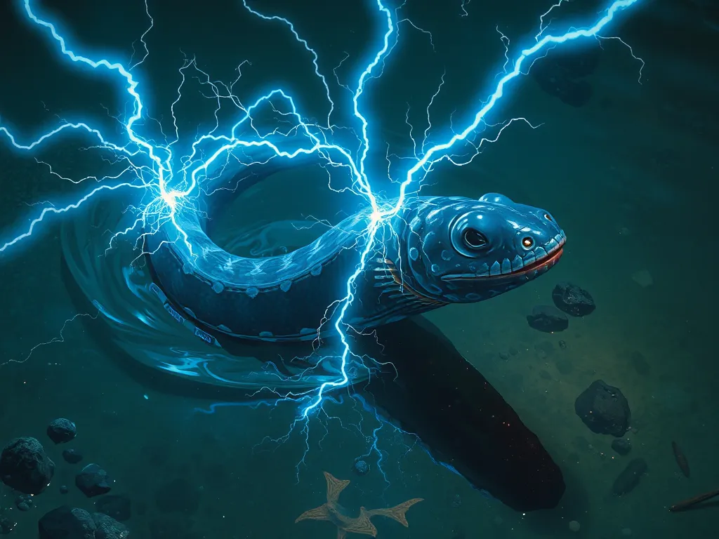 Scientific illustration of electric eel generating high voltage electrical discharge in aquatic environment
