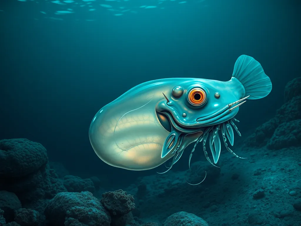 Scientific illustration showing blobfish transformation from beautiful underwater creature to gelatinous appearance on land