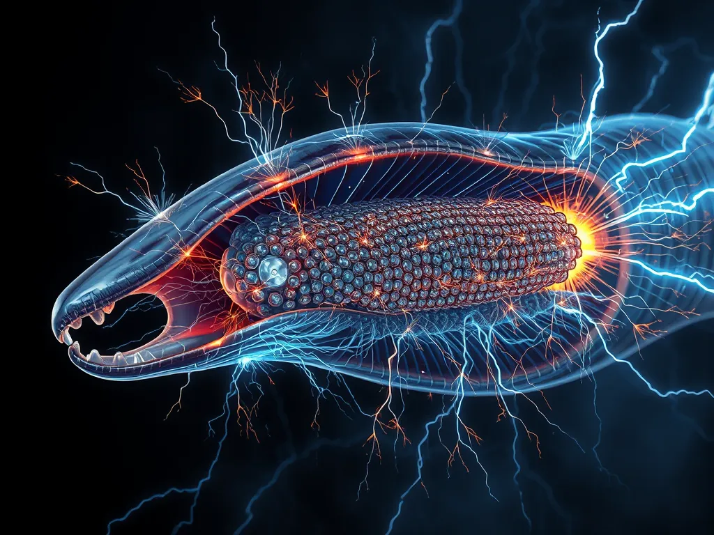 Scientific illustration showing electric eel's specialized electrocytes generating 600-860 volts of electricity to knock out prey