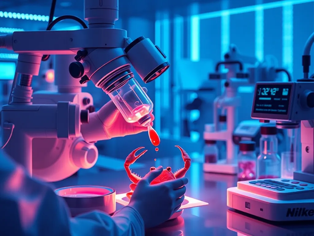 Scientific research with horseshoe crab blood samples and medical equipment showing their importance to human medicine