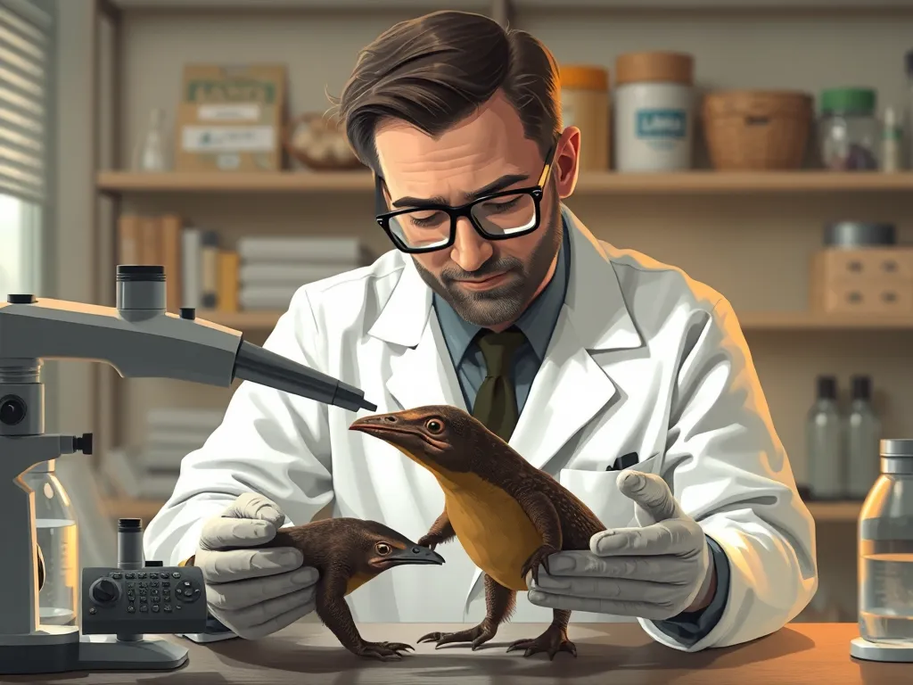 Scientist examining platypus with contradictory features in laboratory setting, illustrating why the platypus confused scientists for decades after discovery