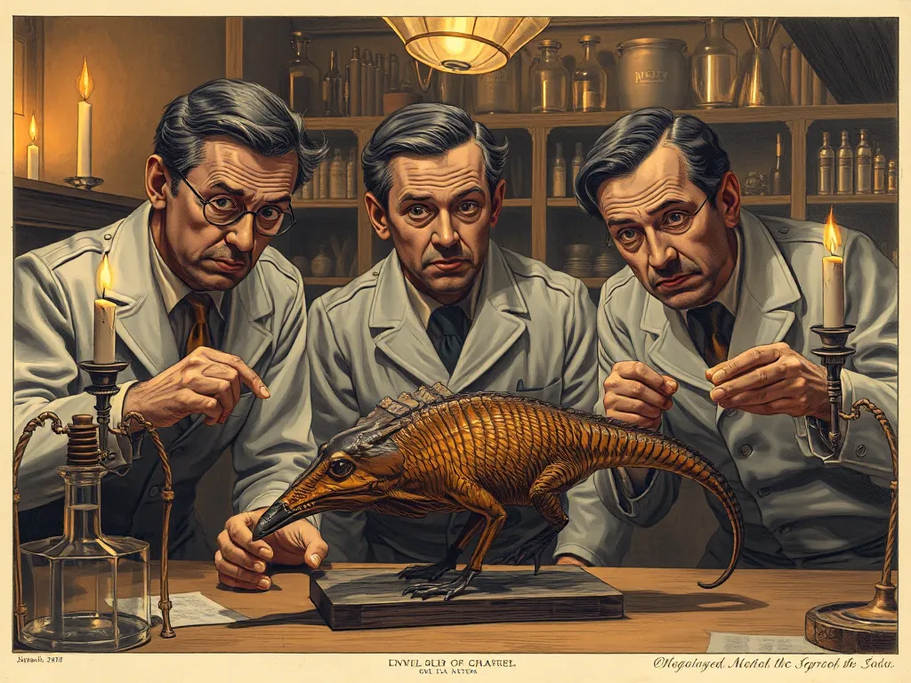 Scientists examining a platypus specimen with puzzled expressions in a 19th century laboratory, showing why the platypus confused scientists for decades after discovery