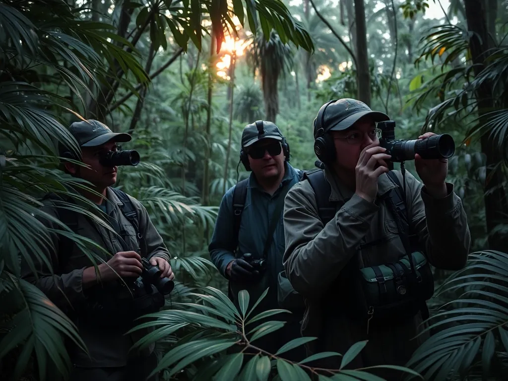 Scientists in rainforest setting with camera traps and binoculars at dawn, searching for animals declared extinct then rediscovered alive