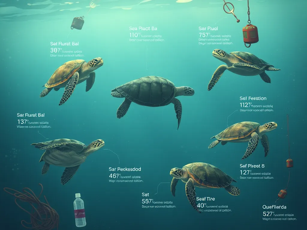 Seven sea turtle species with conservation status indicators surrounded by ocean threats, representing conservation challenges faced by all species