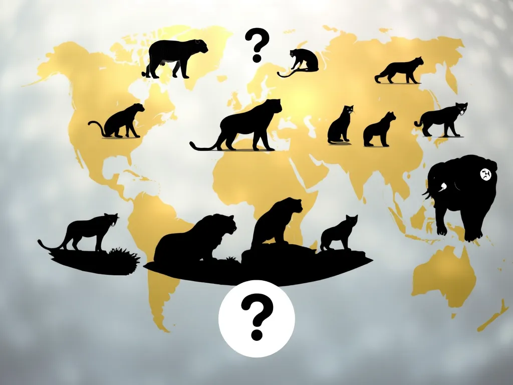 Silhouettes of big cats overlaid on world map with conservation symbols representing habitat ranges in complete guide to all big cats Silhouettes of big cats overlaid on world map with conservation symbols representing habitat ranges in complete guide to all big cats