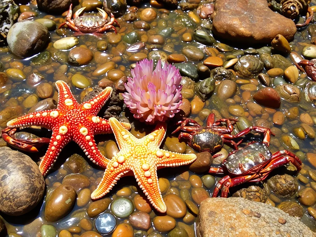 Starfish, anemones, and crabs in tide pools at Olympic National Park's coastal shore during low tide