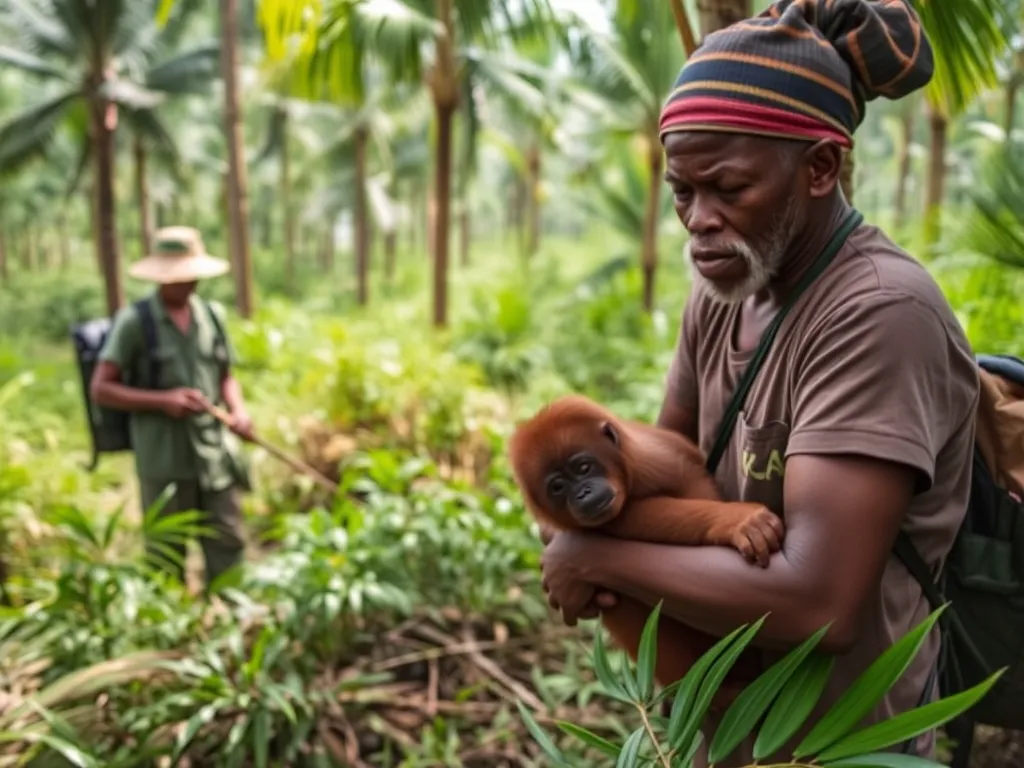 Sustainable palm oil plantation showing wildlife corridors and orangutan habitat preservation
