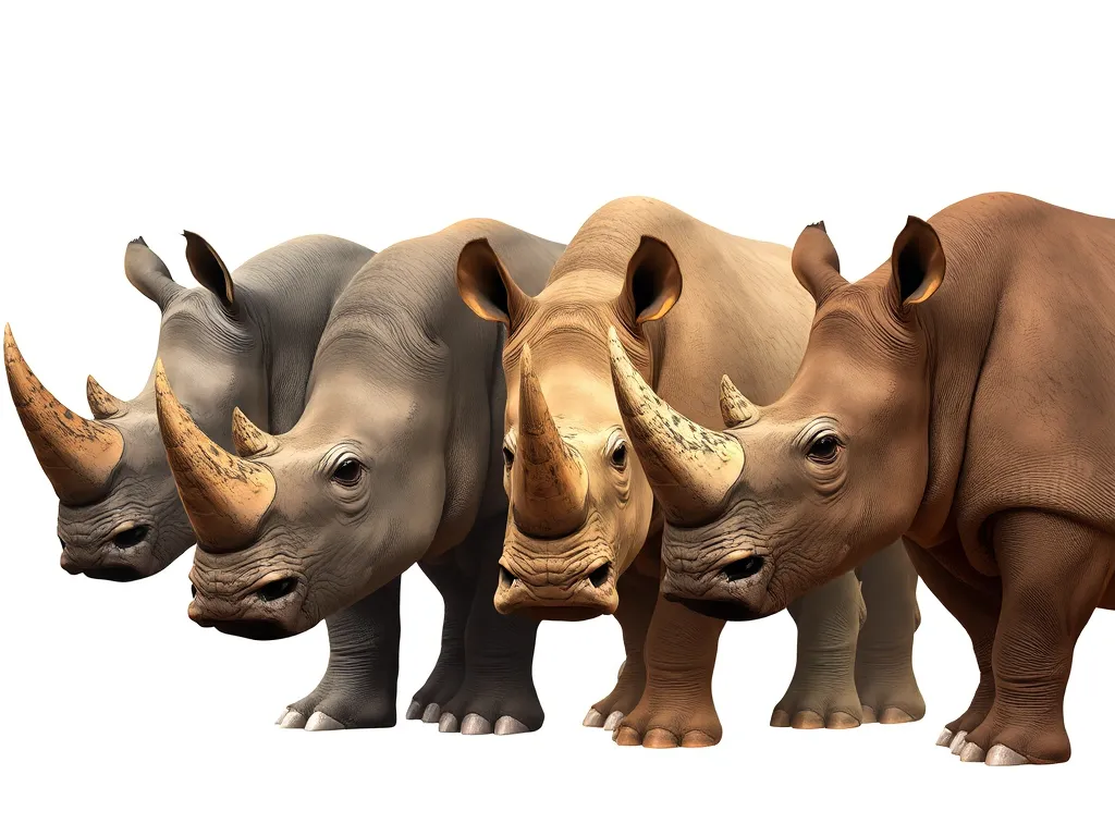 The 5 remaining rhinoceros species showing unique physical characteristics of each endangered species