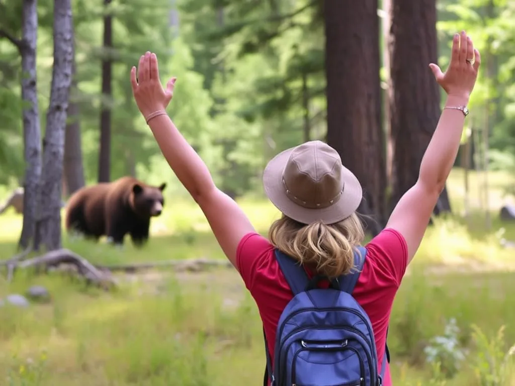 Tourist demonstrating safe bear encounter technique in national park forest during daylight, How to Safely Observe Bears in US National Parks
