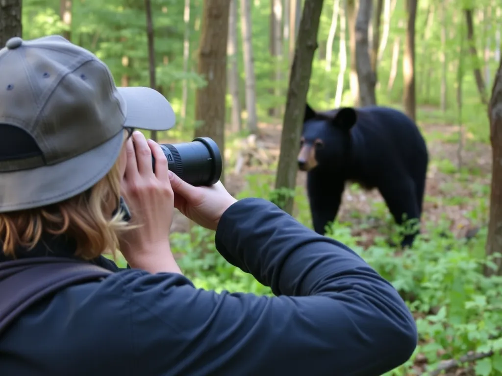 Tourist safely observing black bear through binoculars in Great Smoky Mountains National Park, demonstrating wildlife viewing safety guidelines