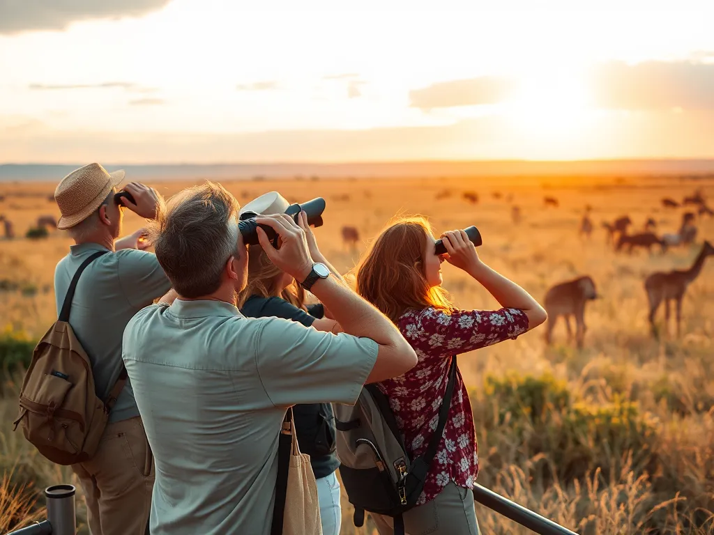 Tourists watching wildlife in a protected natural area, ecotourism supporting wildlife conservation