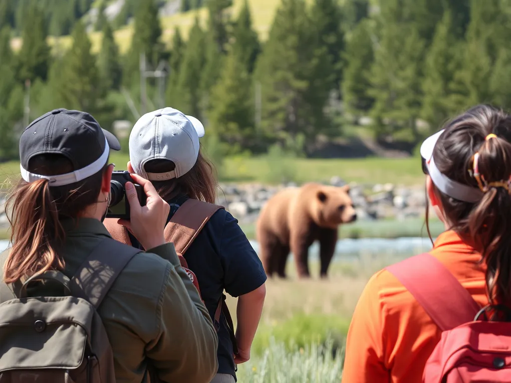 Visitors safely observing bears in Yellowstone National Park using binoculars and telephoto camera from a safe distance.