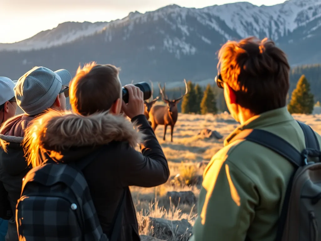 Visitors safely observing Rocky Mountain National Park wildlife from distance with binoculars on mountain trail