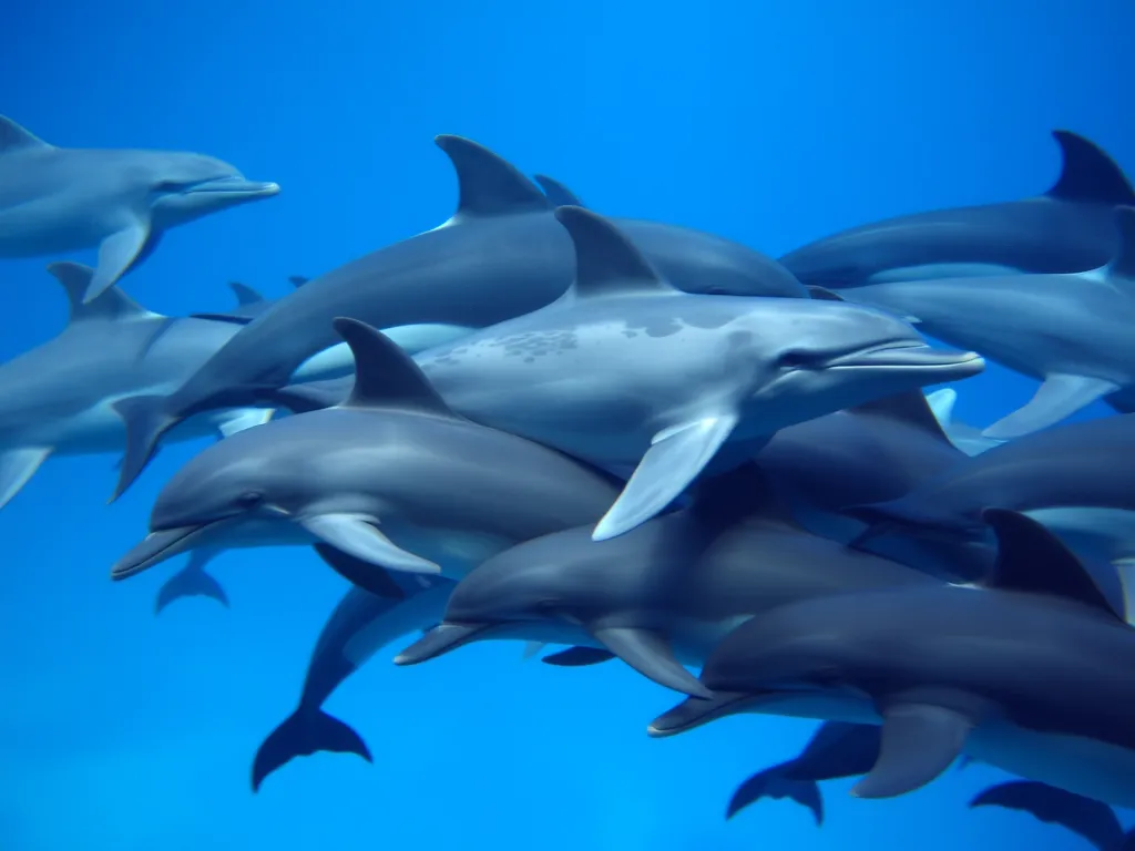 Visual comparison of different dolphin species highlighting their unique physical characteristics in underwater environment