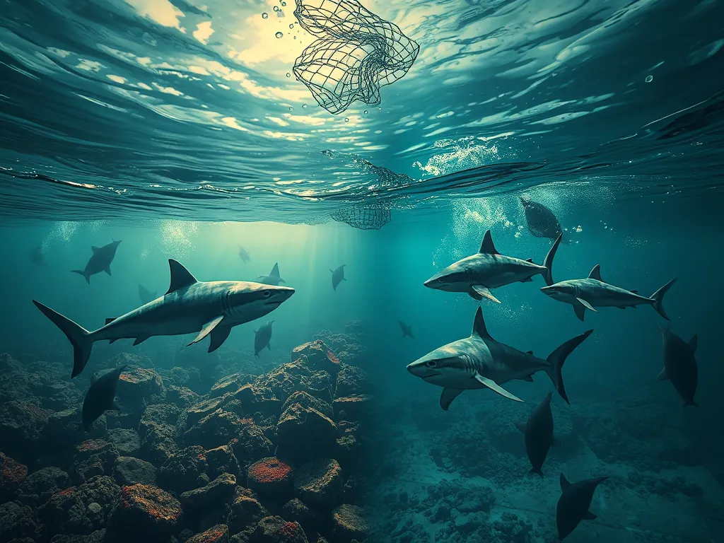 Visual contrast of thriving versus declining shark species, illustrating conservation threats for endangered sharks in world's shark species Visual contrast of thriving versus declining shark species, illustrating conservation threats for endangered sharks in world's shark species