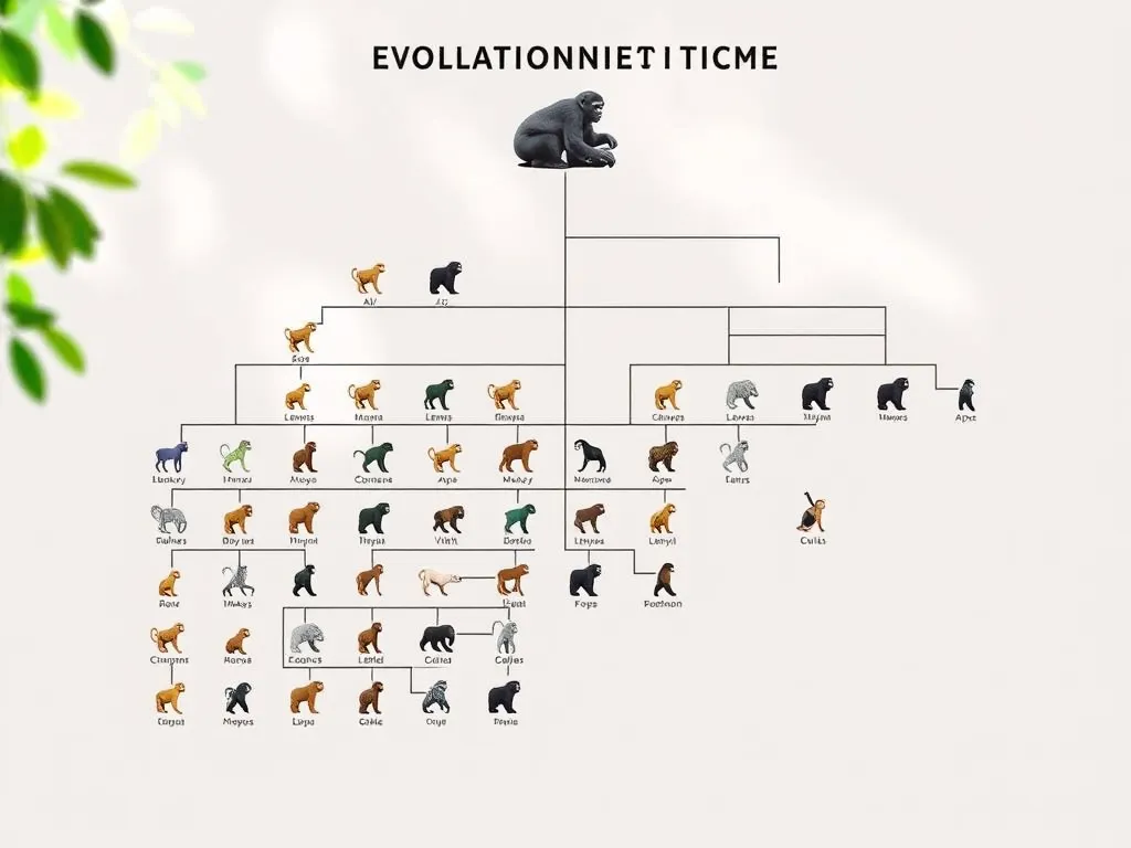 Visual evolutionary tree diagram showing all primate families from lemurs to gorillas in hierarchical classification