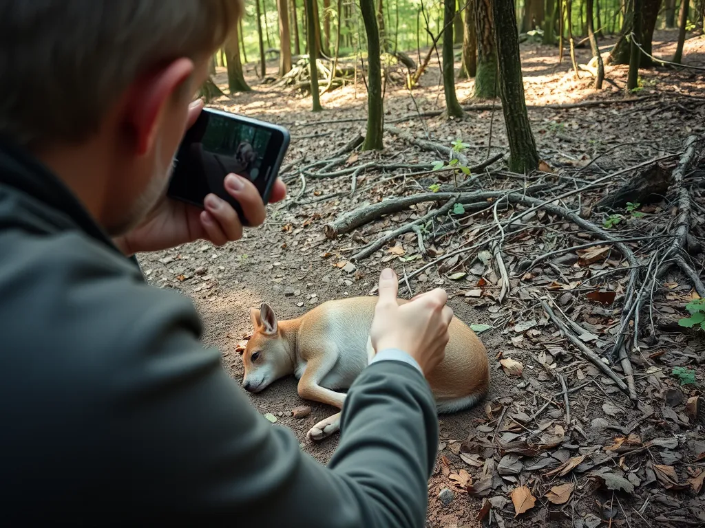 What to do if you find an injured wild animal: person cautiously observing injured wild animal on forest ground from safe distance holding phone