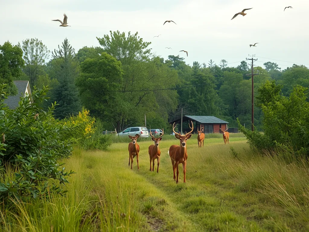 Wildlife corridor with animals traversing between forests and human settlements, illustrating what wildlife corridors are and why critical for animal survival