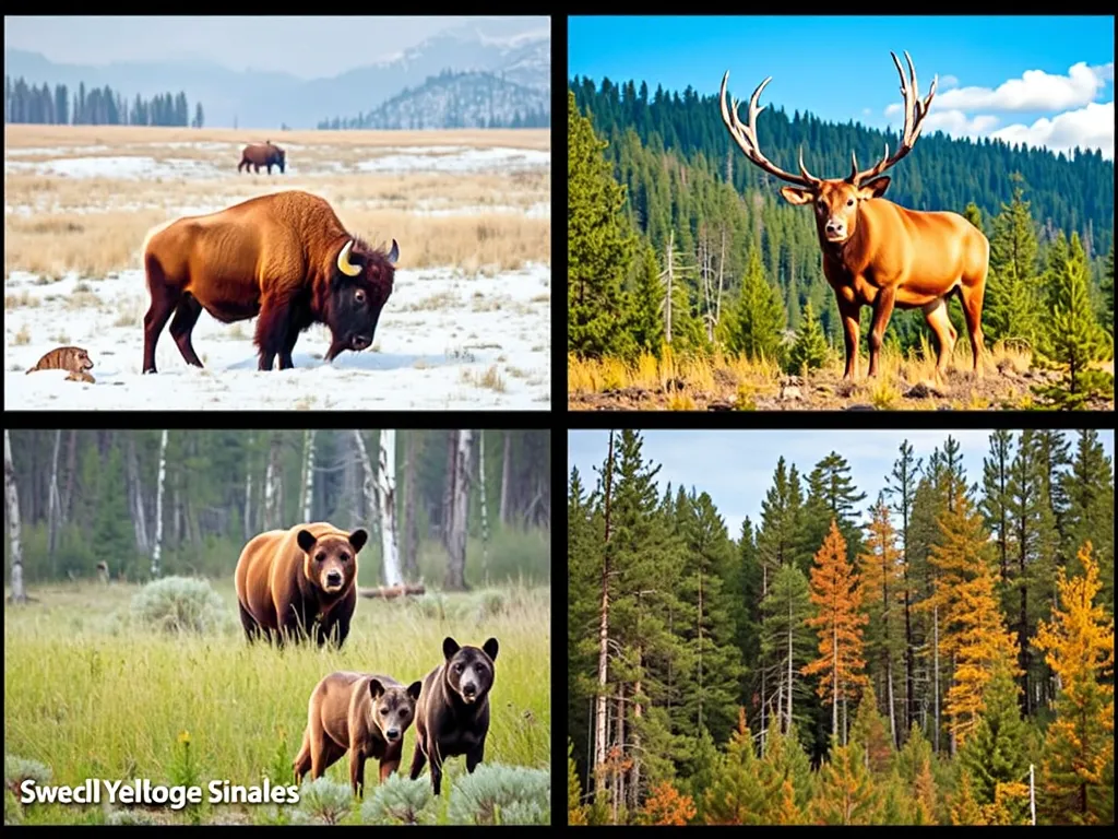 Yellowstone wildlife montage: bison in winter, elk in summer, bears in spring, wolves in fall, best wildlife watching spots by season